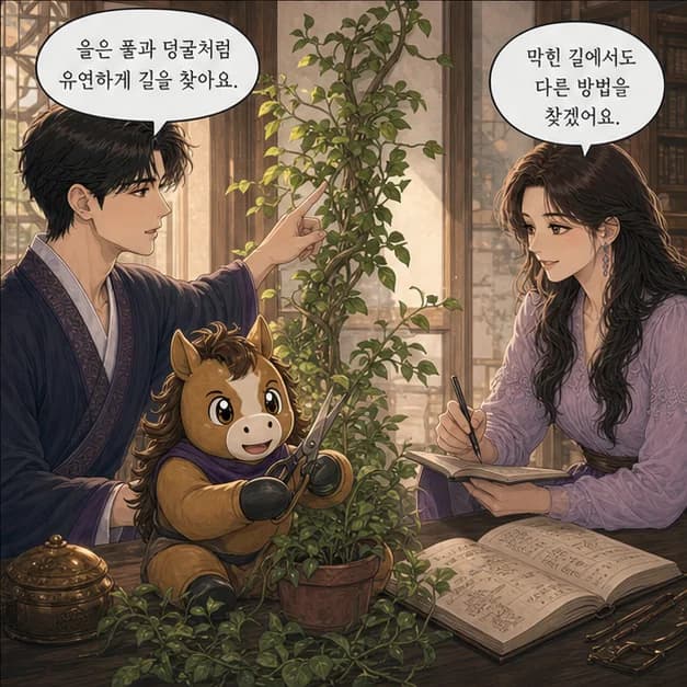 을미일주 4컷: 乙은 풀/화초처럼 상황에 맞춰 유연하게 길을 찾는 힘을 보여줘요.