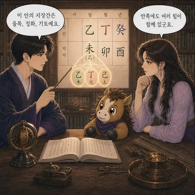 을미일주 7컷: 未 안의 己 편재 · 丁 식신 · 乙 비견. 중심은 편재, 사람과 기회 사이의 흐름을 빠르게 읽는 힘이에요.