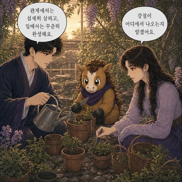을미일주 9컷: 관계에서는 상대의 결을 세심하게 살피고, 일에서는 작은 가능성을 연결해 성장시키는 힘이 장점이에요.