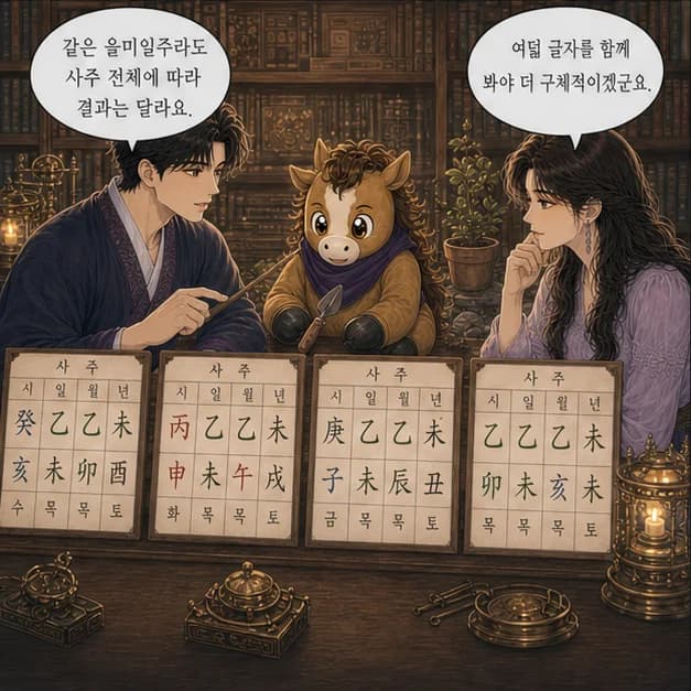 을미일주 11컷: 같은 을미라도 나머지 여섯 글자와 대운·세운이 달라 결과는 달라져요.