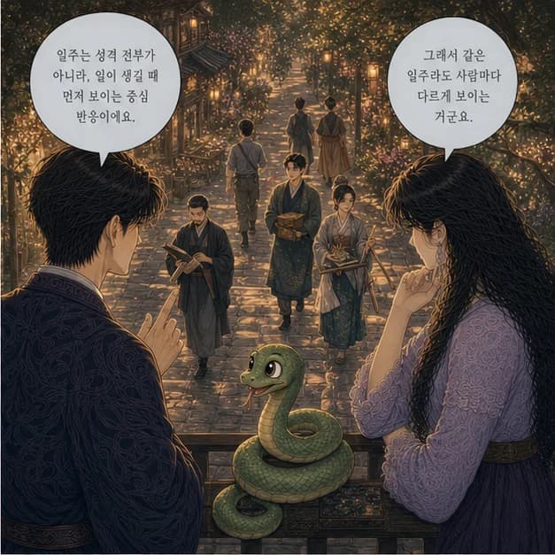 을사일주 2컷: 일주는 성격 전부가 아니라, 일이 생길 때 먼저 보이는 중심 반응이에요.