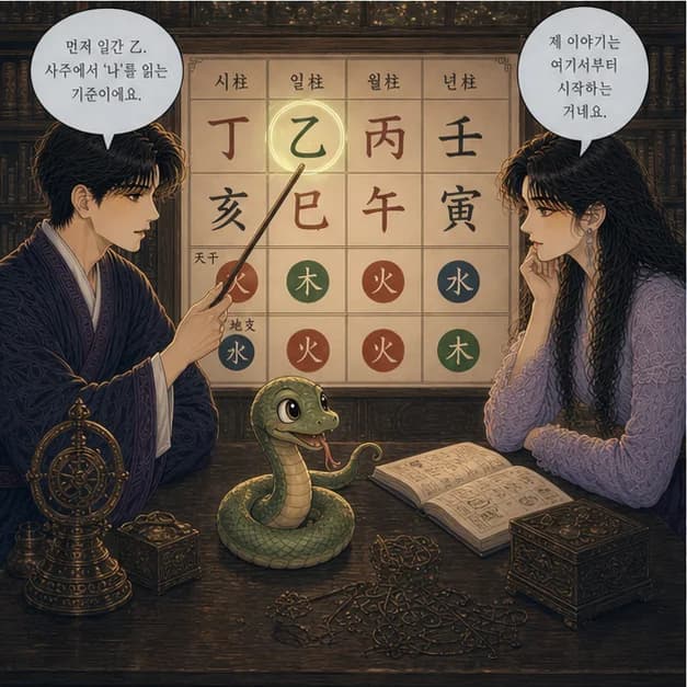 을사일주 3컷: 먼저 일간 乙. 사주에서 ‘나’를 읽는 기준이에요.