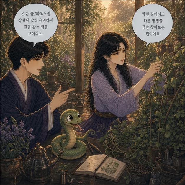 을사일주 4컷: 乙은 풀/화초처럼 상황에 맞춰 유연하게 길을 찾는 힘을 보여줘요.