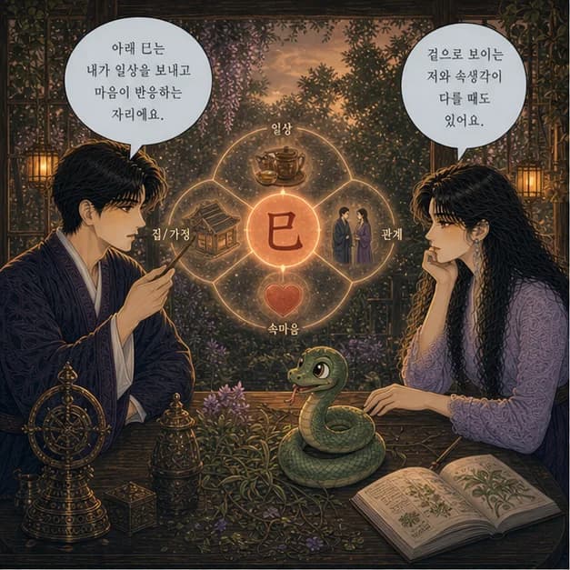 을사일주 5컷: 아래 巳는 내가 일상을 보내고 마음이 반응하는 자리예요.
