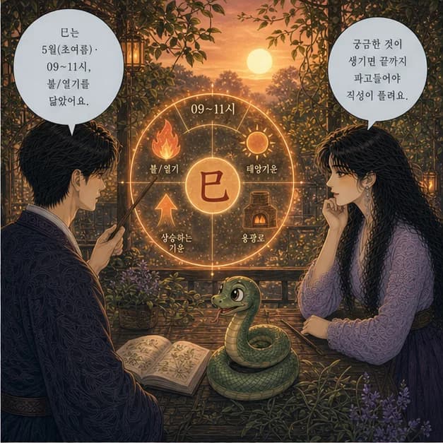 을사일주 6컷: 巳는 5월(초여름)·09~11시, 불/열기를 닮았어요.