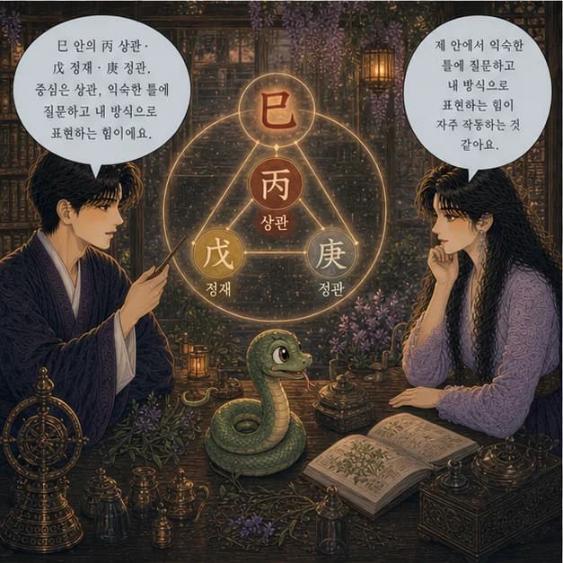 을사일주 7컷: 巳 안의 丙 상관 · 戊 정재 · 庚 정관. 중심은 상관, 익숙한 틀에 질문하고 내 방식으로 표현하는 힘이에요.