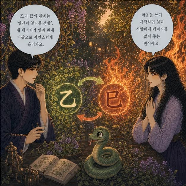 을사일주 8컷: 乙과 巳의 관계는 ‘일간이 일지를 생함’. 내 에너지가 일과 관계 바깥으로 자연스럽게 흘러가요.