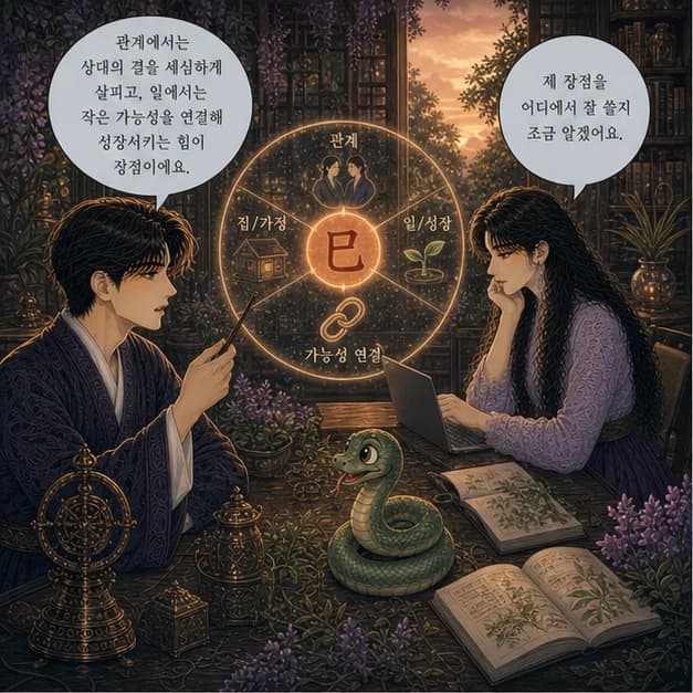을사일주 9컷: 관계에서는 상대의 결을 세심하게 살피고, 일에서는 작은 가능성을 연결해 성장시키는 힘이 장점이에요.