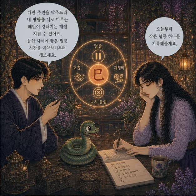 을사일주 10컷: 다만 주변을 맞추느라 내 방향을 뒤로 미루는 패턴이 강해지는 때엔 지칠 수 있어요. 몰입 사이에 짧은 멈춤 시간을 예약하기부터 해보세요.