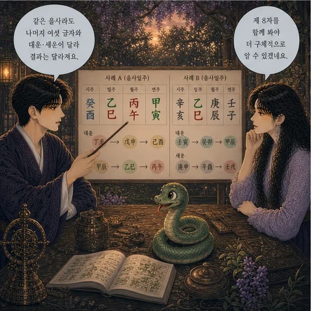 을사일주 11컷: 같은 을사라도 나머지 여섯 글자와 대운·세운이 달라 결과는 달라져요.
