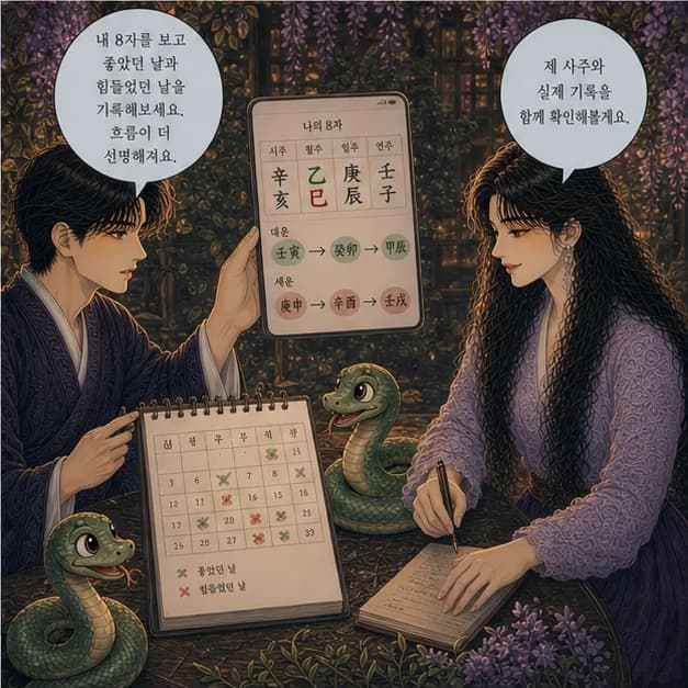 을사일주 12컷: 내 8자를 보고 좋았던 날과 힘들었던 날을 기록해보세요. 흐름이 더 선명해져요.