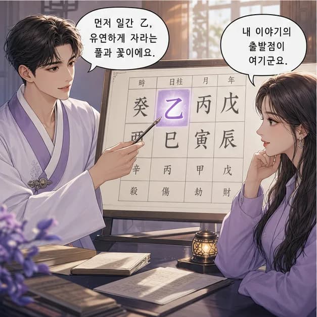 을유일주 3컷: 먼저 일간 乙. 사주에서 ‘나’를 읽는 기준이에요.
