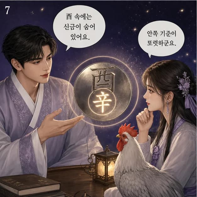 을유일주 7컷: 酉 안의 辛 편관. 중심은 편관, 압박 속에서도 결단하고 돌파하는 힘이에요.