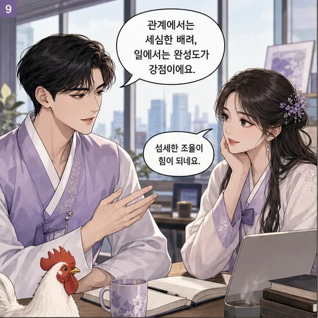 을유일주 9컷: 관계에서는 상대의 결을 세심하게 살피고, 일에서는 작은 가능성을 연결해 성장시키는 힘이 장점이에요.