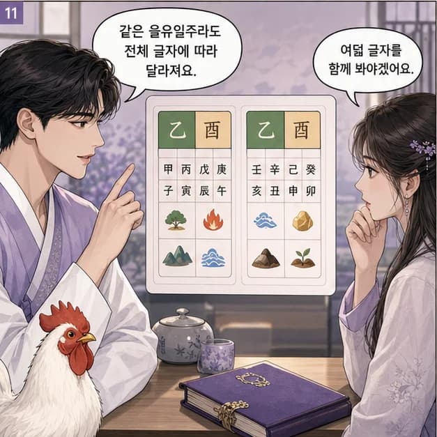 을유일주 11컷: 같은 을유라도 나머지 여섯 글자와 대운·세운이 달라 결과는 달라져요.
