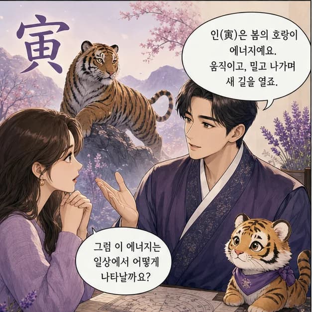 갑인일주 3컷: 먼저 일간 甲. 사주에서 ‘나’를 읽는 기준이에요.