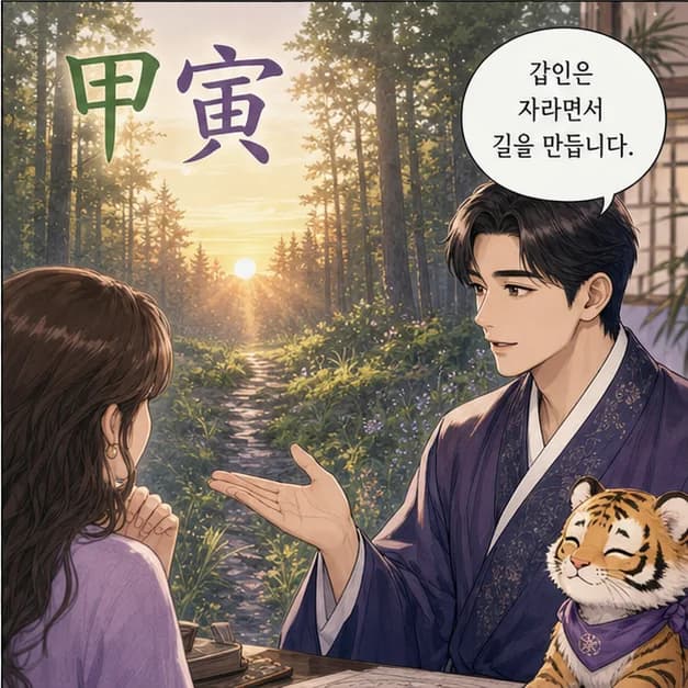 갑인일주 4컷: 甲은 큰 나무처럼 시작한 일을 곧게 키우는 힘을 보여줘요.