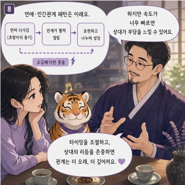 갑인일주 8컷: 甲과 寅의 관계는 ‘비화(같은 오행)’. 나와 생활의 리듬이 같은 방향으로 모여 자기 색이 선명해져요.