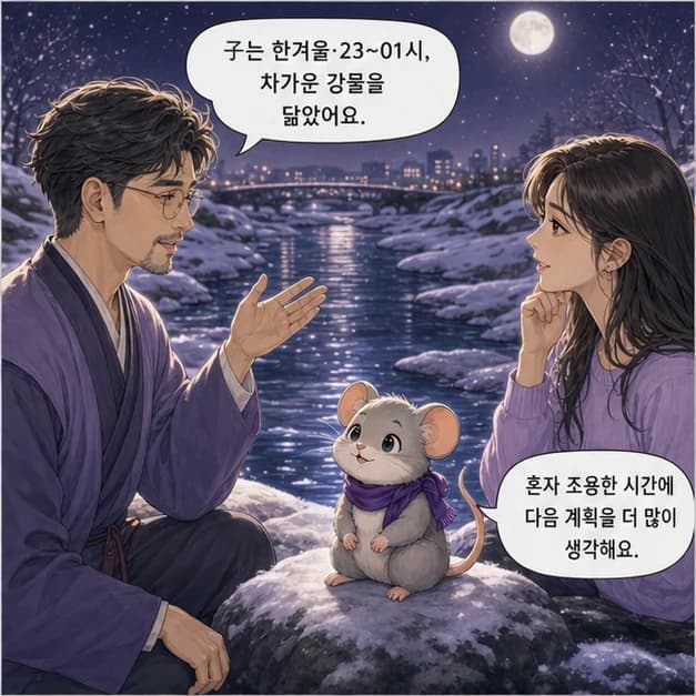 갑자일주 6컷: 子는 12월(한겨울)·23~01시, 차가운 강물을 닮았어요.