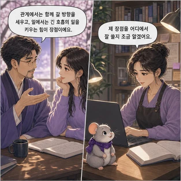 갑자일주 9컷: 관계에서는 함께 갈 방향을 먼저 세우고, 일에서는 긴 호흡의 일을 시작해 키우는 힘이 장점이에요.