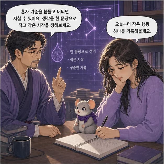 갑자일주 10컷: 다만 내 기준을 혼자 오래 붙들고 버티는 패턴이 강해지는 때엔 지칠 수 있어요. 생각을 한 문장으로 적고 가장 작은 시작을 정하기부터 해보세요.