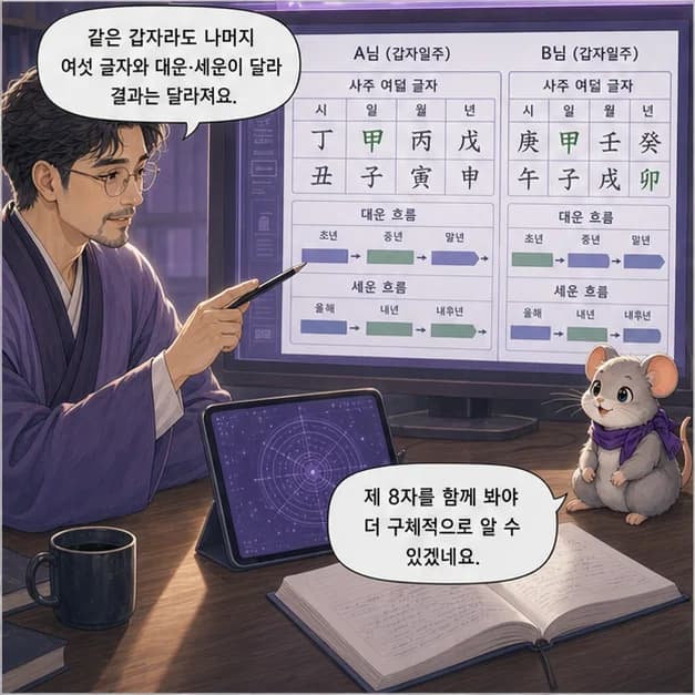 갑자일주 11컷: 같은 갑자라도 나머지 여섯 글자와 대운·세운이 달라 결과는 달라져요.