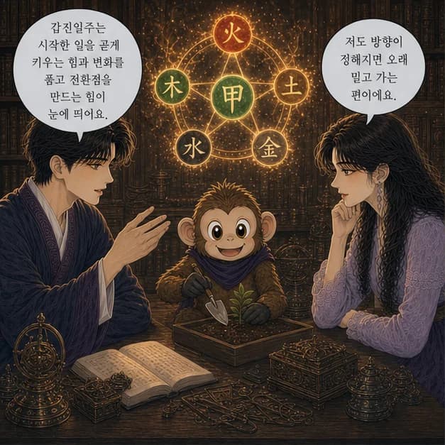 갑진일주 1컷: 갑진일주는 시작한 일을 곧게 키우는 힘과 변화를 품고 전환점을 만드는 힘이 눈에 띄어요.