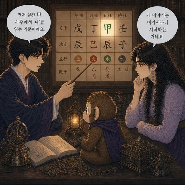 갑진일주 3컷: 먼저 일간 甲. 사주에서 ‘나’를 읽는 기준이에요.