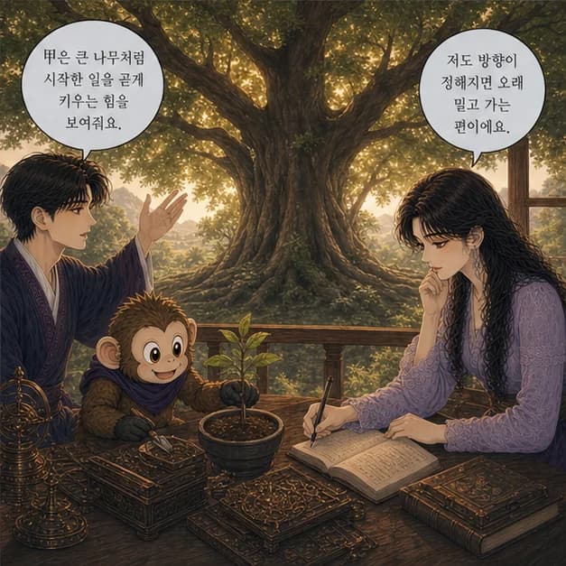 갑진일주 4컷: 甲은 큰 나무처럼 시작한 일을 곧게 키우는 힘을 보여줘요.