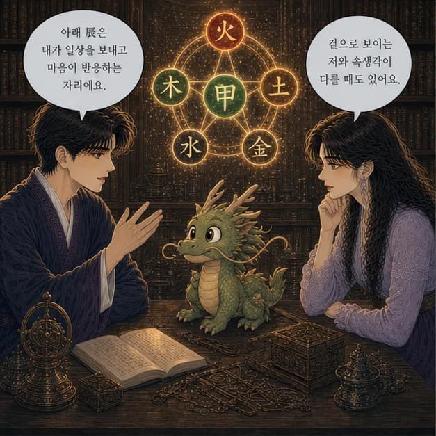 갑진일주 5컷: 아래 辰은 내가 일상을 보내고 마음이 반응하는 자리예요.