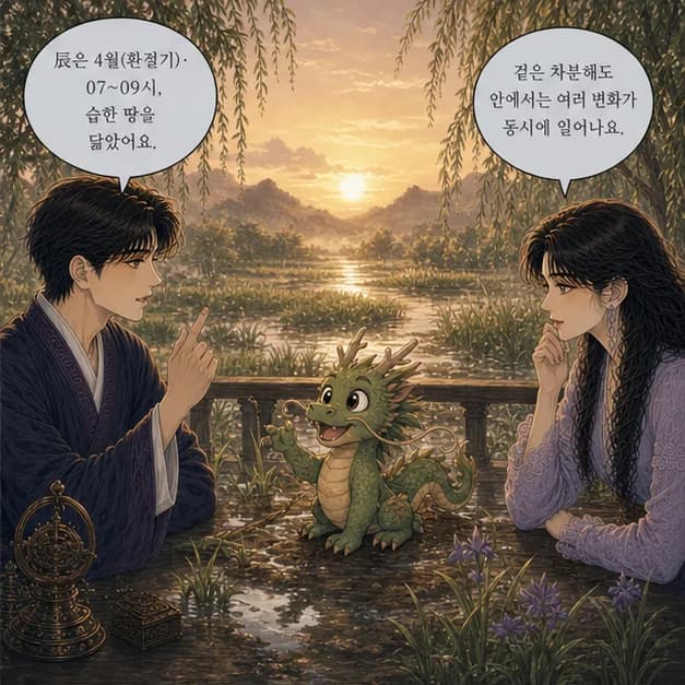 갑진일주 6컷: 辰은 4월(환절기)·07~09시, 습한 땅을 닮았어요.