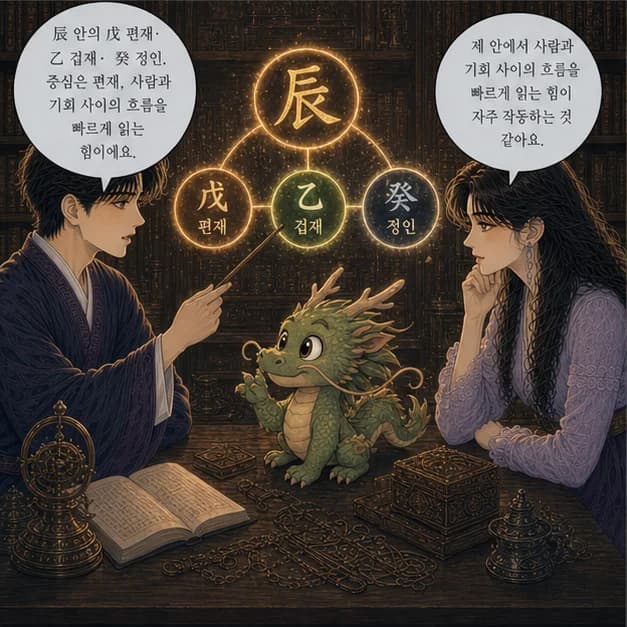 갑진일주 7컷: 辰 안의 戊 편재 · 乙 겁재 · 癸 정인. 중심은 편재, 사람과 기회 사이의 흐름을 빠르게 읽는 힘이에요.