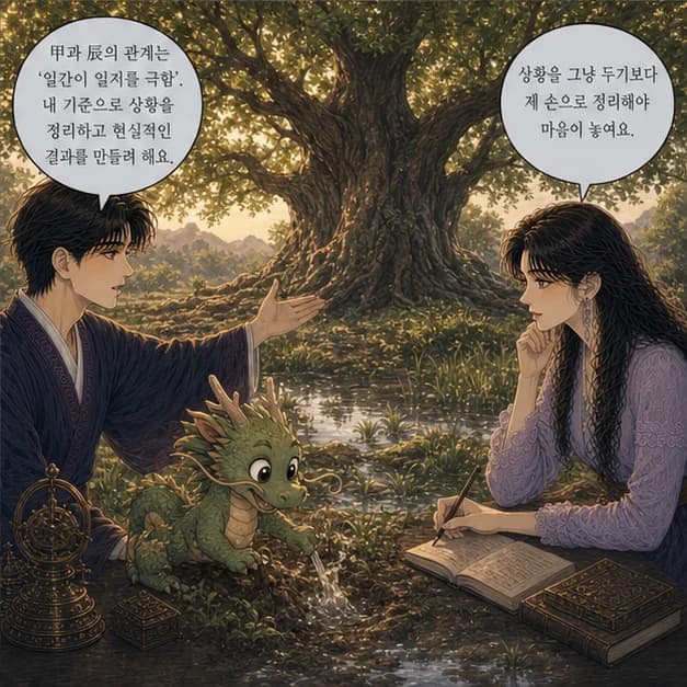 갑진일주 8컷: 甲과 辰의 관계는 ‘일간이 일지를 극함’. 내 기준으로 상황을 정리하고 현실적인 결과를 만들려 해요.