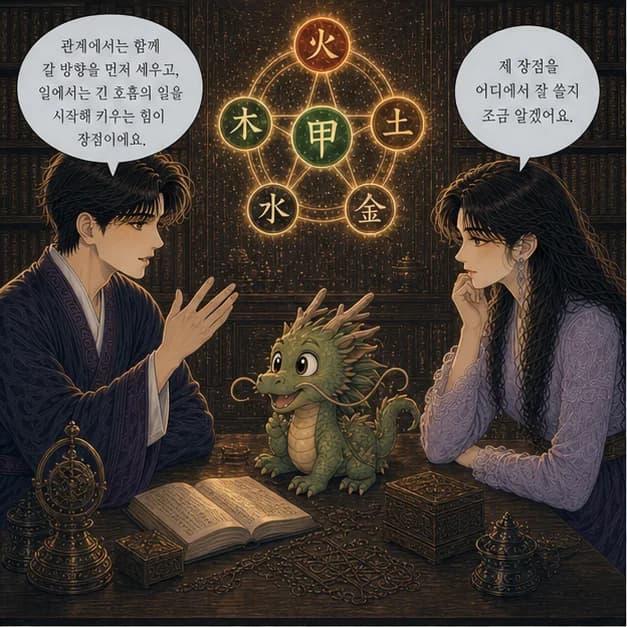 갑진일주 9컷: 관계에서는 함께 갈 방향을 먼저 세우고, 일에서는 긴 호흡의 일을 시작해 키우는 힘이 장점이에요.