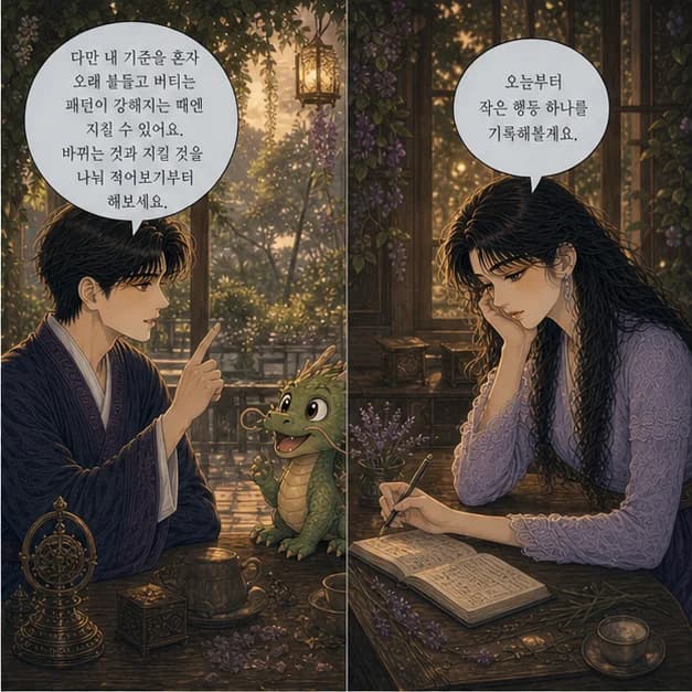 갑진일주 10컷: 다만 내 기준을 혼자 오래 붙들고 버티는 패턴이 강해지는 때엔 지칠 수 있어요. 바뀌는 것과 지킬 것을 나눠 적어보기부터 해보세요.