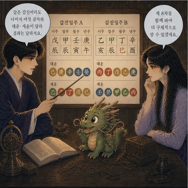 갑진일주 11컷: 같은 갑진이라도 나머지 여섯 글자와 대운·세운이 달라 결과는 달라져요.