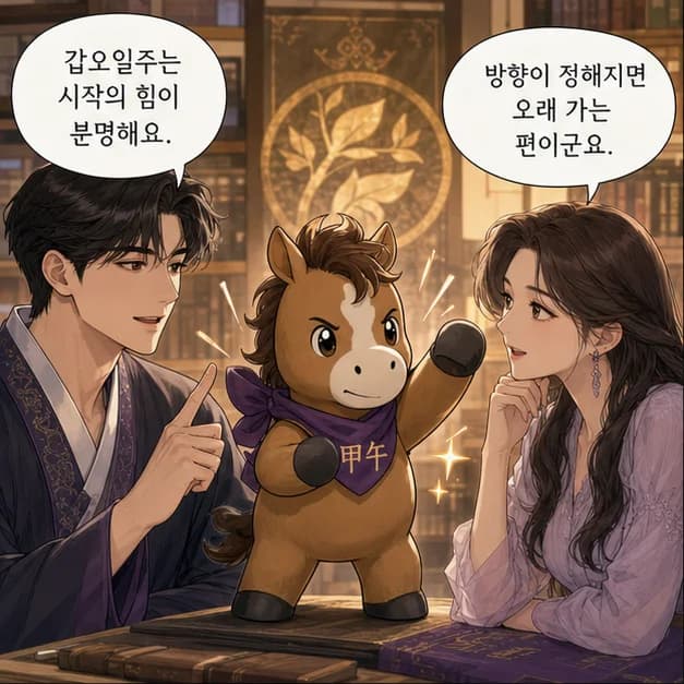 갑오일주 1컷: 갑오일주는 시작한 일을 곧게 키우는 힘과 마음과 의사를 분명히 드러내는 힘이 눈에 띄어요.