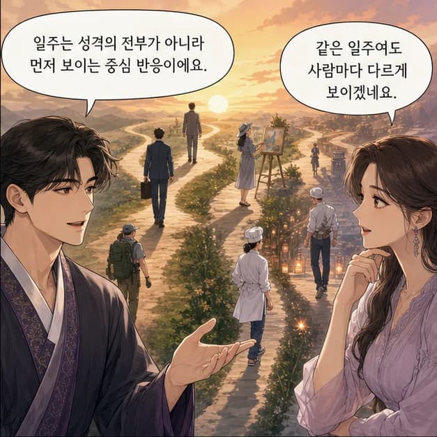 갑오일주 2컷: 일주는 성격 전부가 아니라, 일이 생길 때 먼저 보이는 중심 반응이에요.