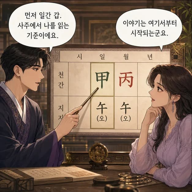 갑오일주 3컷: 먼저 일간 甲. 사주에서 ‘나’를 읽는 기준이에요.