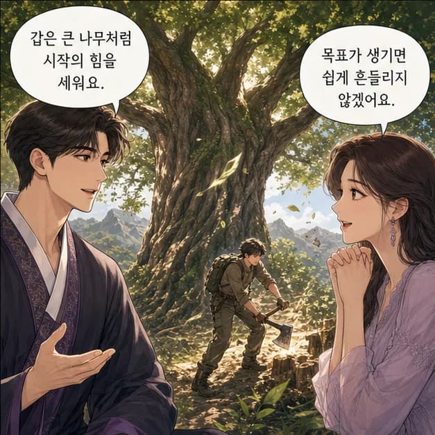 갑오일주 4컷: 甲은 큰 나무처럼 시작한 일을 곧게 키우는 힘을 보여줘요.