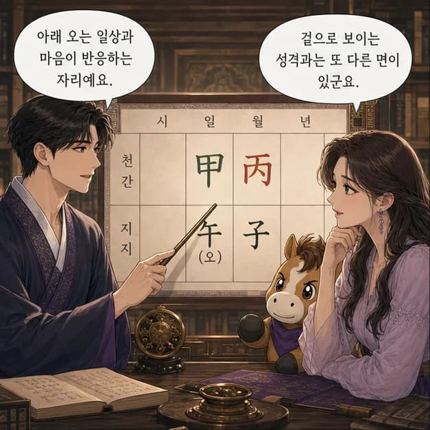 갑오일주 5컷: 아래 午는 내가 일상을 보내고 마음이 반응하는 자리예요.
