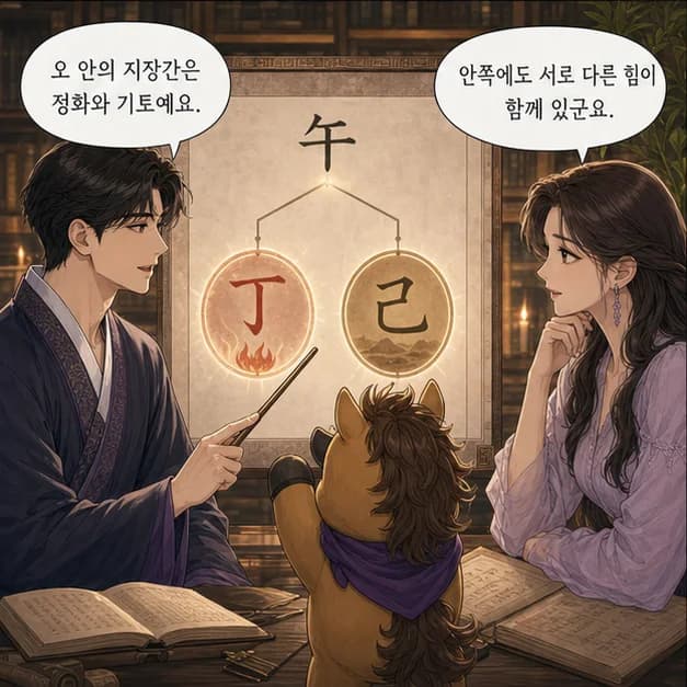 갑오일주 7컷: 午 안의 丁 상관 · 己 정재. 중심은 상관, 익숙한 틀에 질문하고 내 방식으로 표현하는 힘이에요.