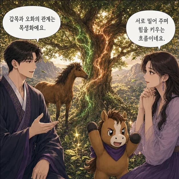 갑오일주 8컷: 甲과 午의 관계는 ‘일간이 일지를 생함’. 내 에너지가 일과 관계 바깥으로 자연스럽게 흘러가요.