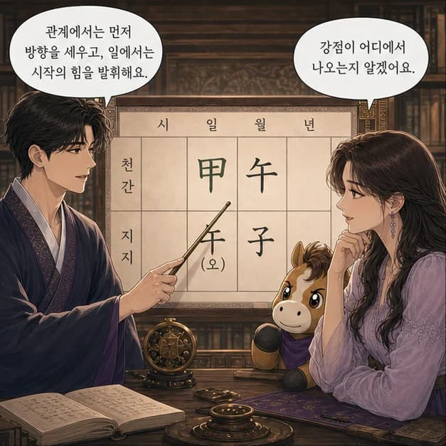 갑오일주 9컷: 관계에서는 함께 갈 방향을 먼저 세우고, 일에서는 긴 호흡의 일을 시작해 키우는 힘이 장점이에요.