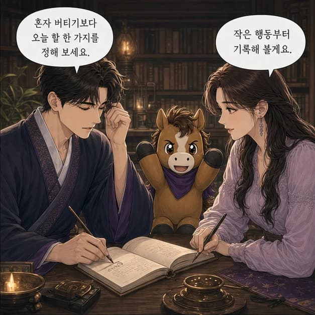 갑오일주 10컷: 다만 내 기준을 혼자 오래 붙들고 버티는 패턴이 강해지는 때엔 지칠 수 있어요. 바로 답하기 전 상대가 들을 속도로 한 번 다듬기부터 해보세요.