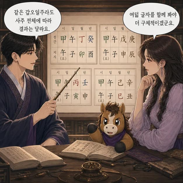 갑오일주 11컷: 같은 갑오라도 나머지 여섯 글자와 대운·세운이 달라 결과는 달라져요.