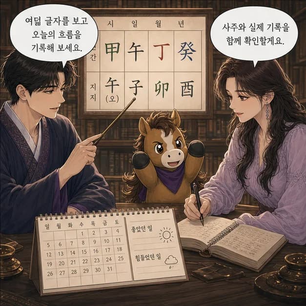 갑오일주 12컷: 내 8자를 보고 좋았던 날과 힘들었던 날을 기록해보세요. 흐름이 더 선명해져요.