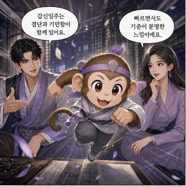 갑신일주 1컷: 갑신일주는 시작한 일을 곧게 키우는 힘과 변화를 읽고 빠르게 대안을 찾는 힘이 눈에 띄어요.