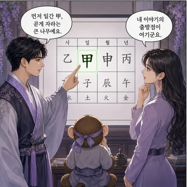 갑신일주 3컷: 먼저 일간 甲. 사주에서 ‘나’를 읽는 기준이에요.