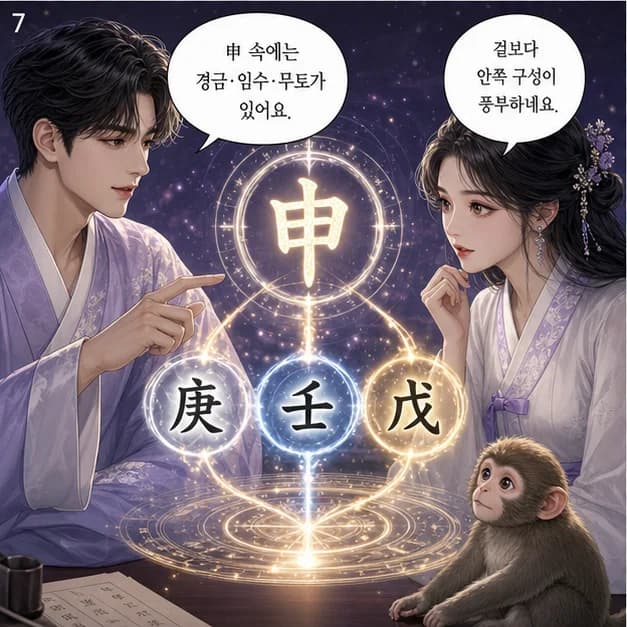 갑신일주 7컷: 申 안의 庚 편관 · 壬 편인 · 戊 편재. 중심은 편관, 압박 속에서도 결단하고 돌파하는 힘이에요.